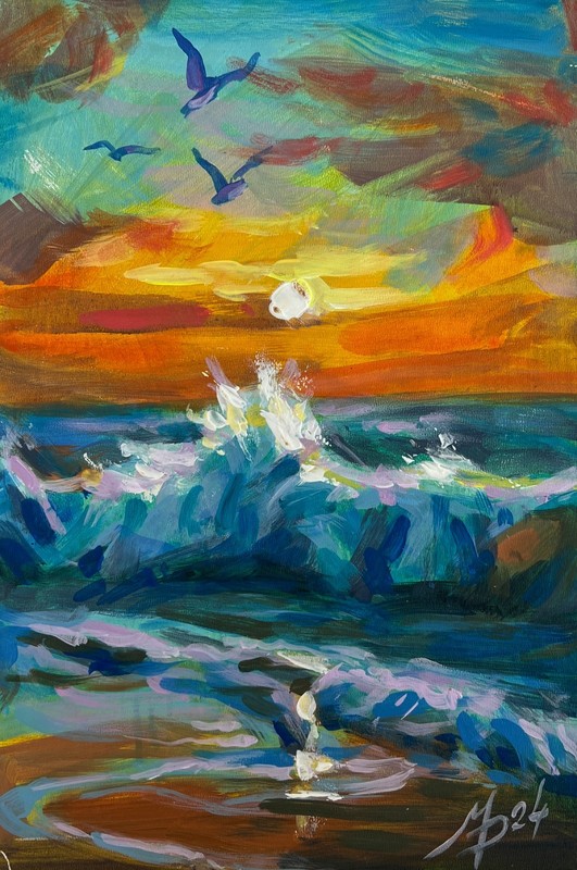 Acrylic Painting Seagulls Over The Sea And Sunset M. Patskan Original nAAA4833