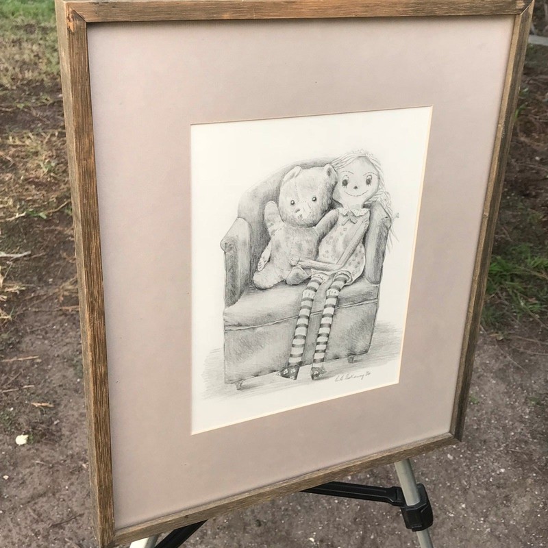 EDGAR HOLLOWAY Original 1984 MODERN VINTAGE 'Doll & Bear' SIGNED PENCIL DRAWING gallery