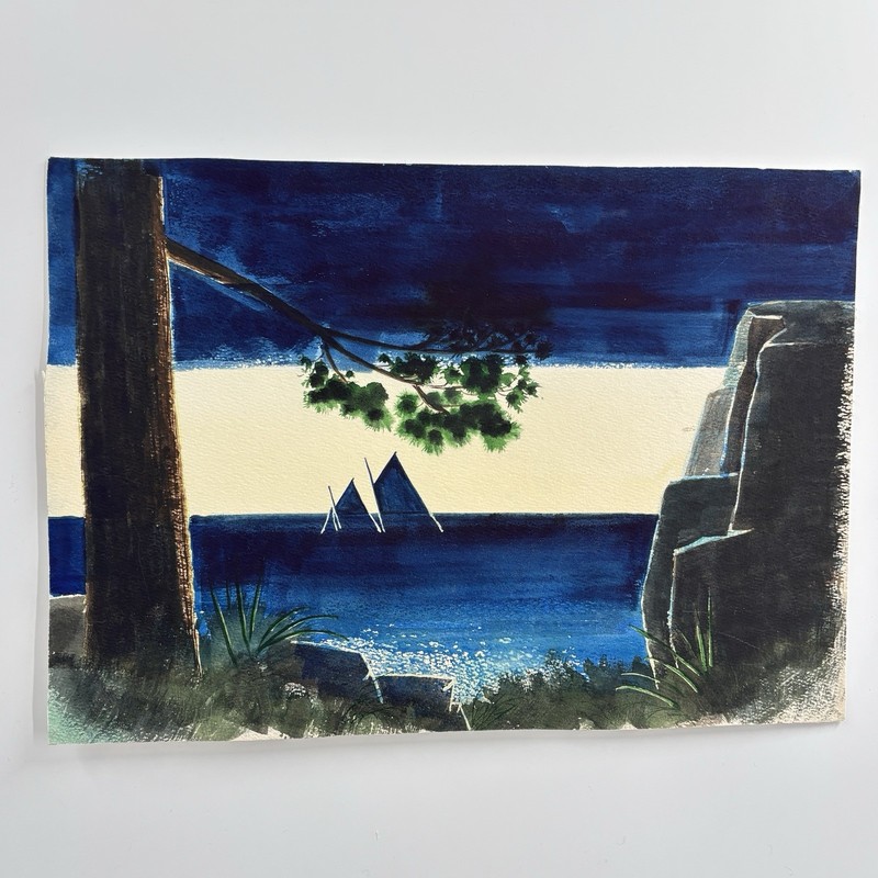 Vtg Maine Coastal Sailboat Painting Blue Night Seascape Folk Art Colorblock