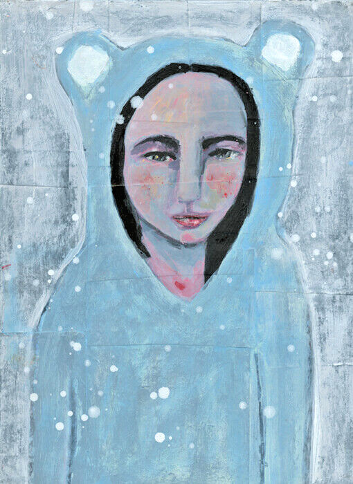 Blue Bear 9×12 Portrait Painting Original Snowy Winter Art Miss Summer Miz Katie
