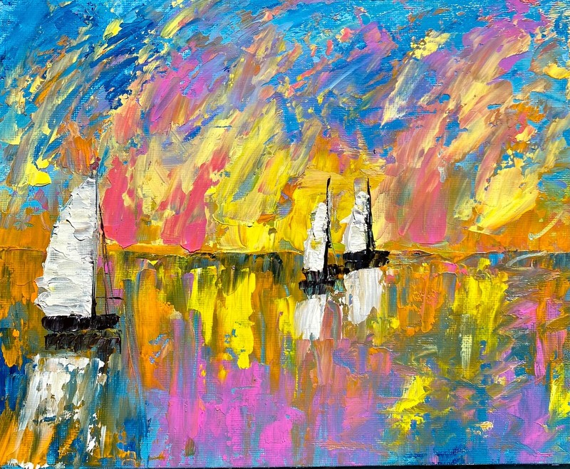 Sailboat painting original sunset at sea palette knife Textured Seascape