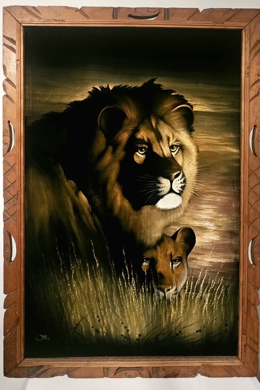 Ortiz Lion Painting on Velvet MCM Art Signed Framed Retro 1970’s Vintage