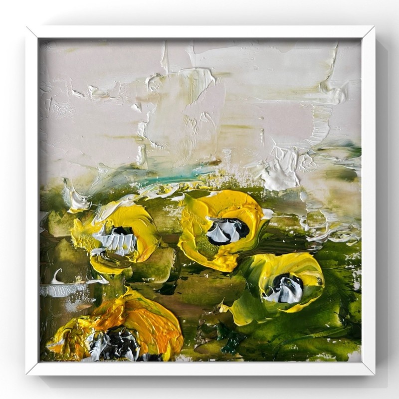 North Dakota Sunflowers Field Abstract Oil Painting Country Home Wall Decor 4×4”