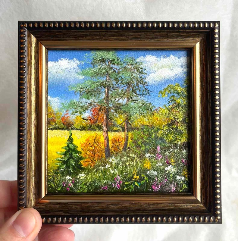 Autumn Original Oil Painting Landscape Field Trees Small Wall Art 4 x 4 in