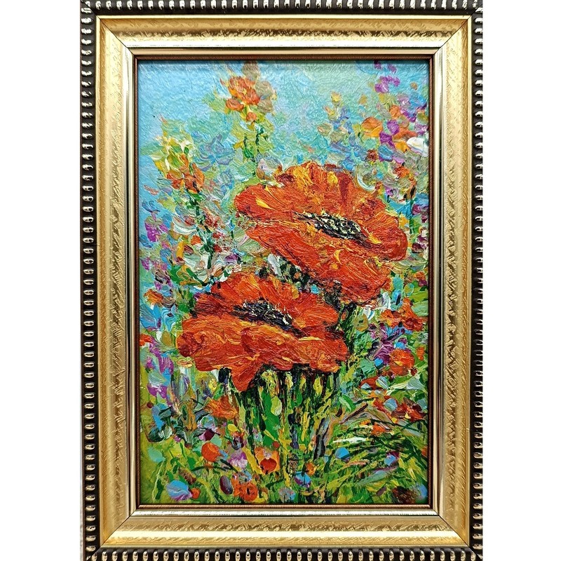 Original Oil Painting Summer Landscape Wildflowers Red Poppies Signed 6×4
