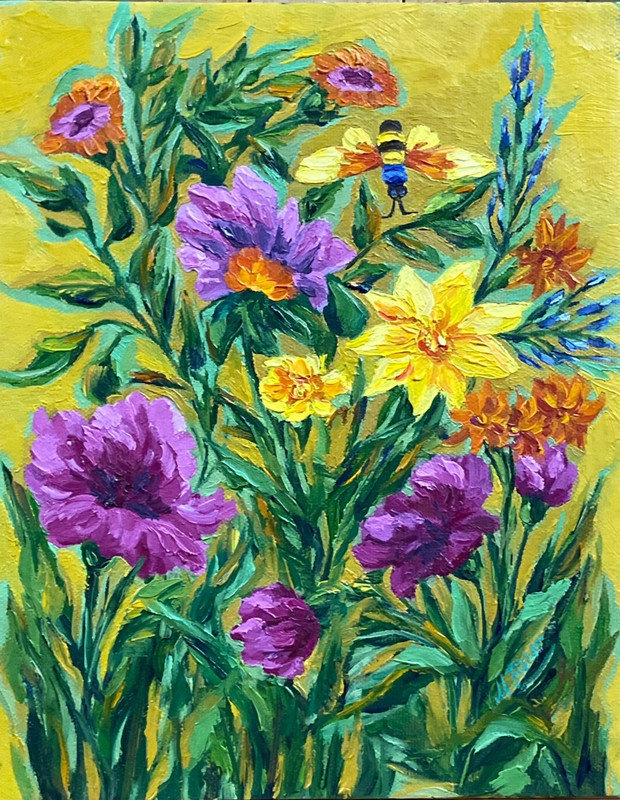 Bee Wildflowers oil painting, collectible 8”x10” floral small artwork unframed