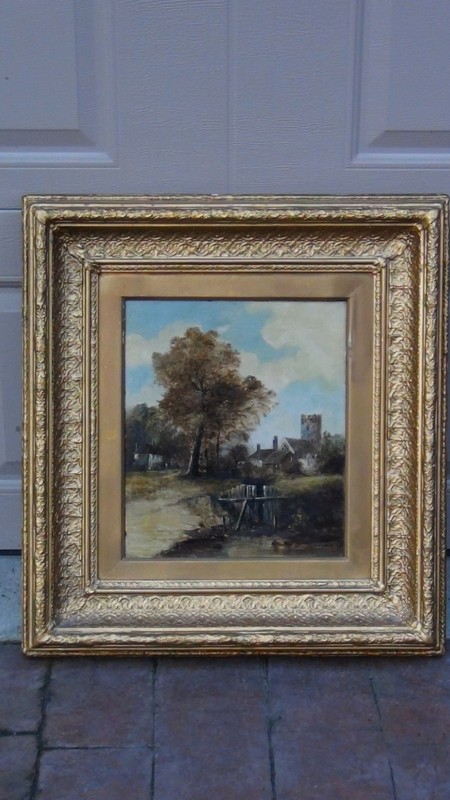 ANTIQUE 18c FRENCH OIL PAINTING OF A COUNTRY SCENE WITH COTTAGES,CASTLE &TREE #1 gallery
