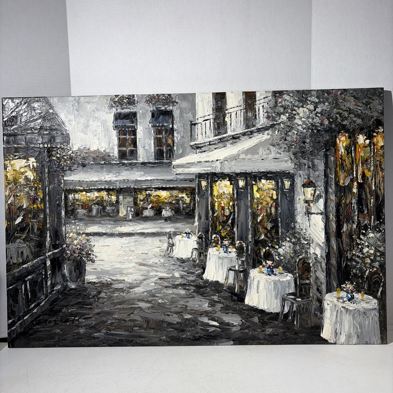 Impressionist Art Painting European City Paris Street Cafe Dining Scene