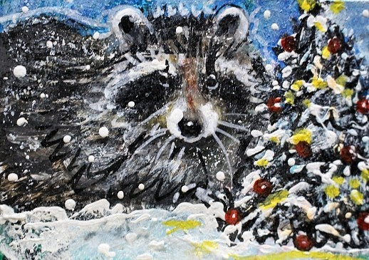 ORIGINAL ACEO RACCOON Painting Winter Snow Wild Animal Coon Xmas Tree Nature ART