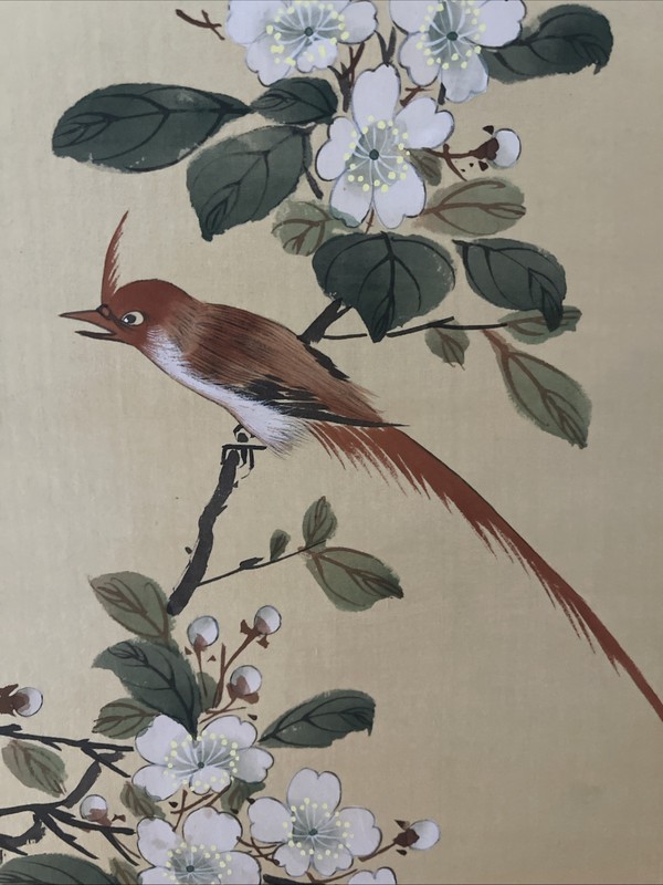 Japanese Painting Bird Flower Cherry Blossom Branch On Silk Watercolor 18x13” gallery