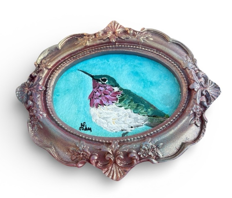 Original Hummingbird painting in mini one-of-kind vintage style ornate frame gallery