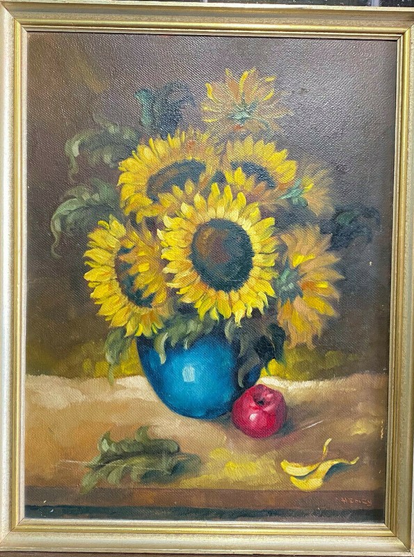 Oil painting signed Henry still life sunflowers in blue vase with apple