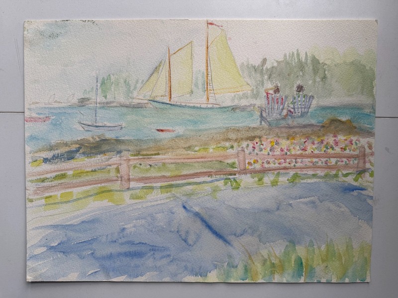 Vintage Watercolor Painting Sailing Boats Harbor Landscape 12 x 16 OOAK