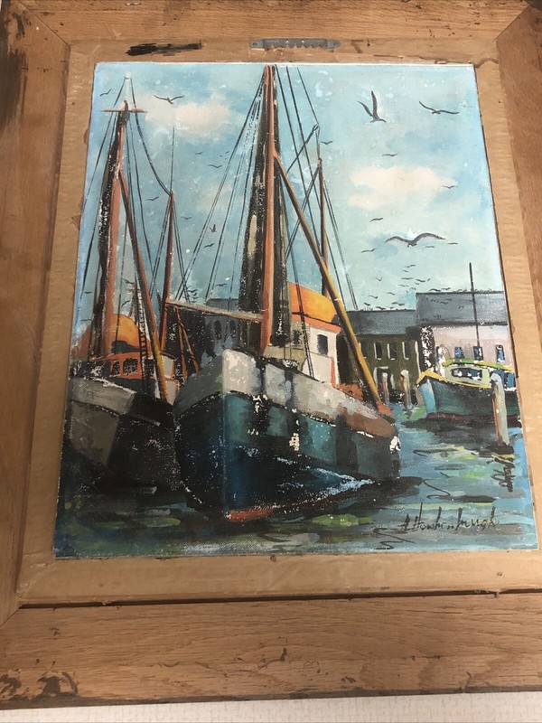Oil Painting Vintage 1940s Harbor scene Boats Signed HUGH Ocana Nautical Art