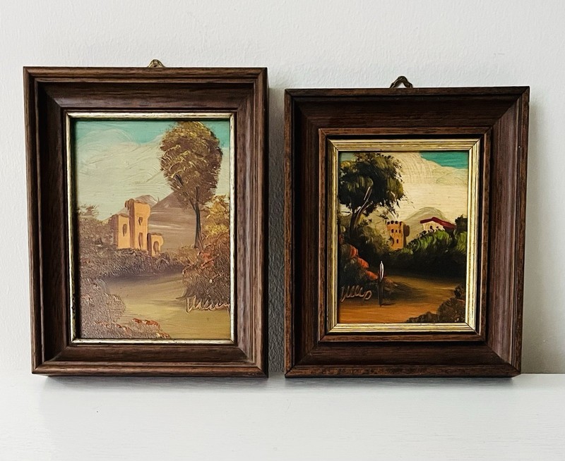 Pair Vintage Handmade Italian Oil Paintings Tuscany Landscape Wood Frames Signed