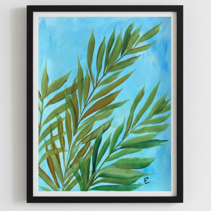 Colorful Original Abstract Acrylic Palm Painting «Sunbath» Signed Paper 11×14