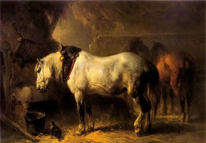 Oil painting wouter verschuur – In the stables beautiful animals horses canvas
