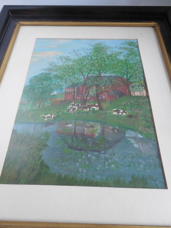 Vintage Farm scene Original Acrylic painting framed 20" x 16 3/4" by Lal ? gallery