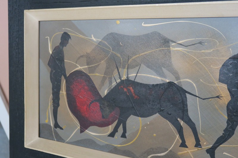 SIGNED EDGAR STARECK 1959 BULLFIGHT COWS OIL ON BOARD PAINTING 11.5" x 39.5" gallery