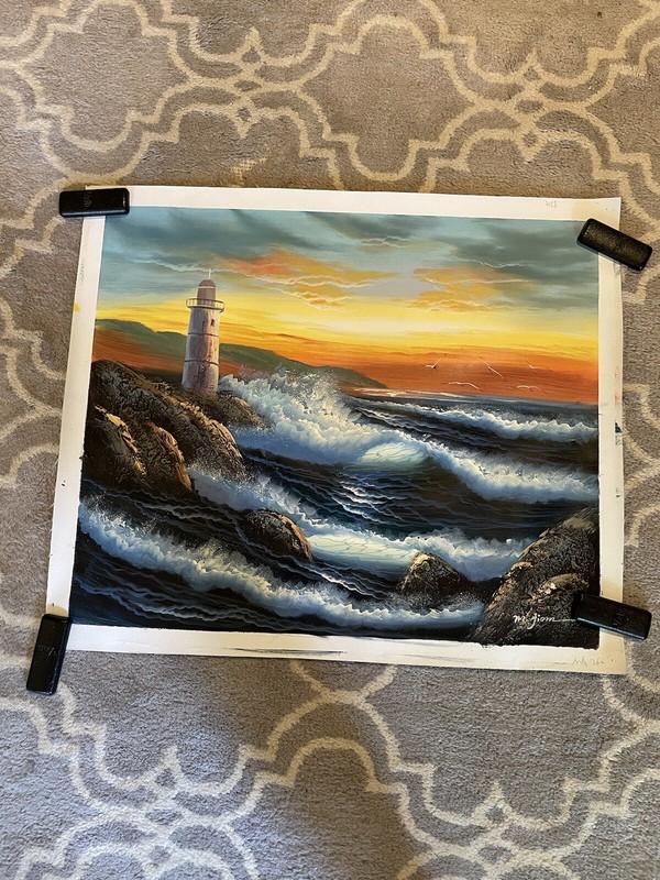 Original Oil Painting «Lighthouse at Sunset» Signed Canvas Image Size 26” x 23”