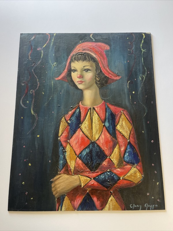 Mid Century Portrait Painting Expressionism Pretty Woman Jester 30” Modernism