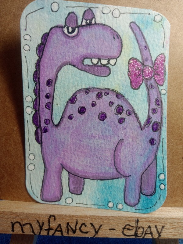 ACEO ATC Whimsical dino with Bow acrylic painting new 3.5″ x 2.5″ myfancy