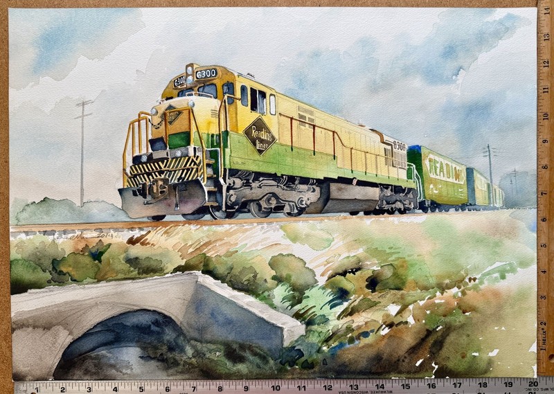 Reading RR Bee Line GE U30C #6300. James Mann original watercolor train painting gallery