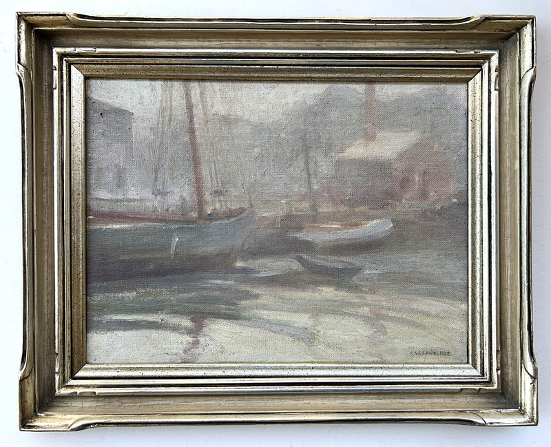 Exhibited foggy harbor, «Veiled», by Edna W. Lawrence, listed RI artist