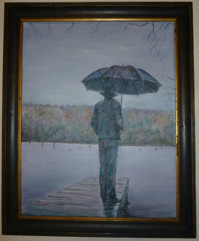 32×26″ Acrylic Framed Painting «Dark Figure with Umbrella» Man Rainy Day Dock
