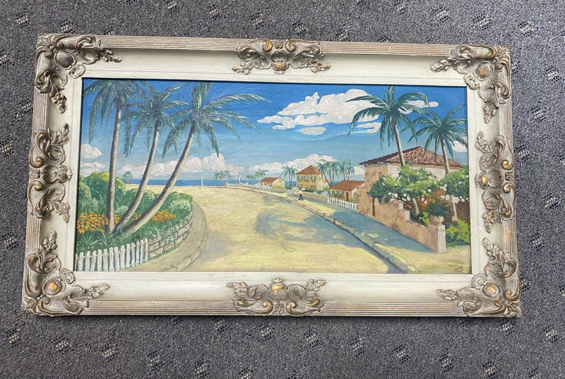 VINTAGE 1952 OCEAN VIEW PAINTING ARTIST ALBERT «POPEYE» LONG BELLAIRE, OHIO