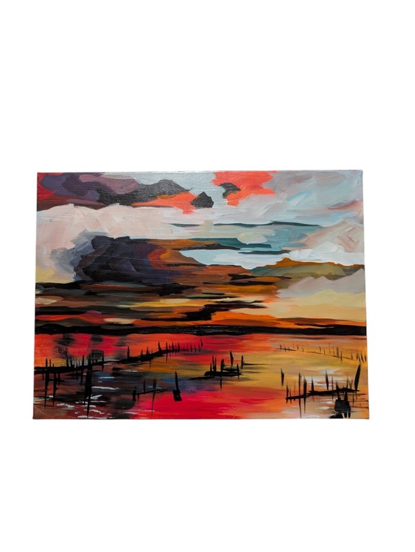 Original Abstract Sunset Marsh Landscape Painting Acrylic Canvas 18×24 Unsigned