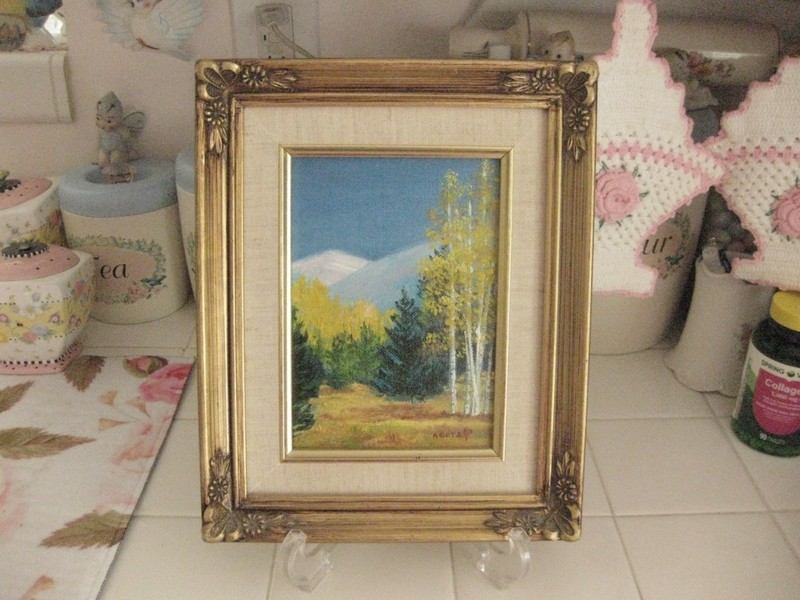 Oil Painting Picture Of Trees And Mountains In Ornate Gold Frame Signed Agota