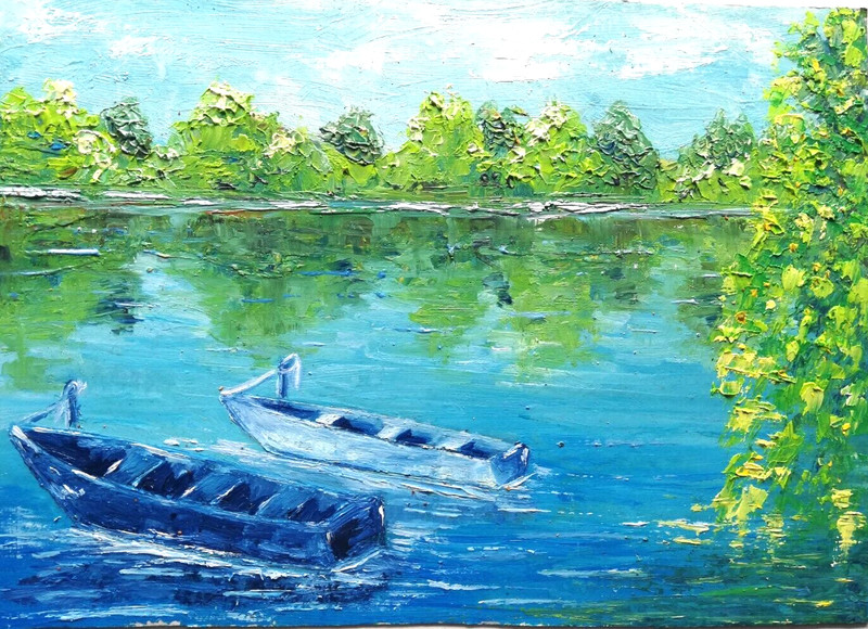 Nature Landscape Oil Painting, Forest with River and Boats. No frame. 20х28 cm
