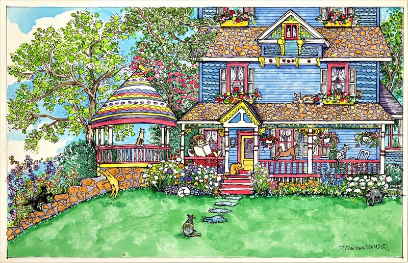 Whimsical Art Victorian Cottage «House Of Cats» colorful watercolor 12×18 Print