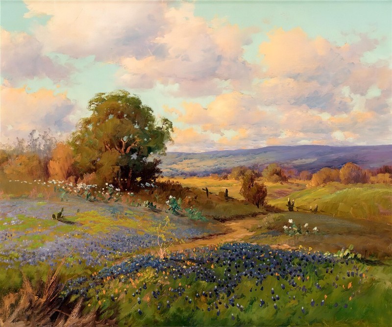 Texas Hill Country Trail Bluebonnets Oil Painting Printed on canvas L3688