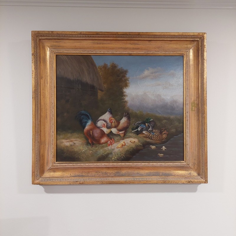 Victorian Oil Painting Farm Yard Chicken Ducks Barn Pond Edgar Hunt Style Framed
