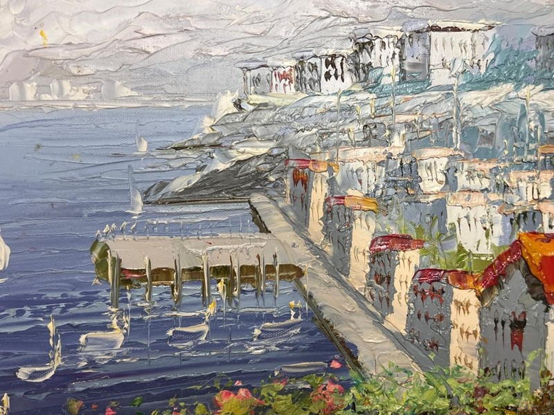 Oil Painting Mediterranean Italian Coastal Landscape Italy Homes Coast Boats Art