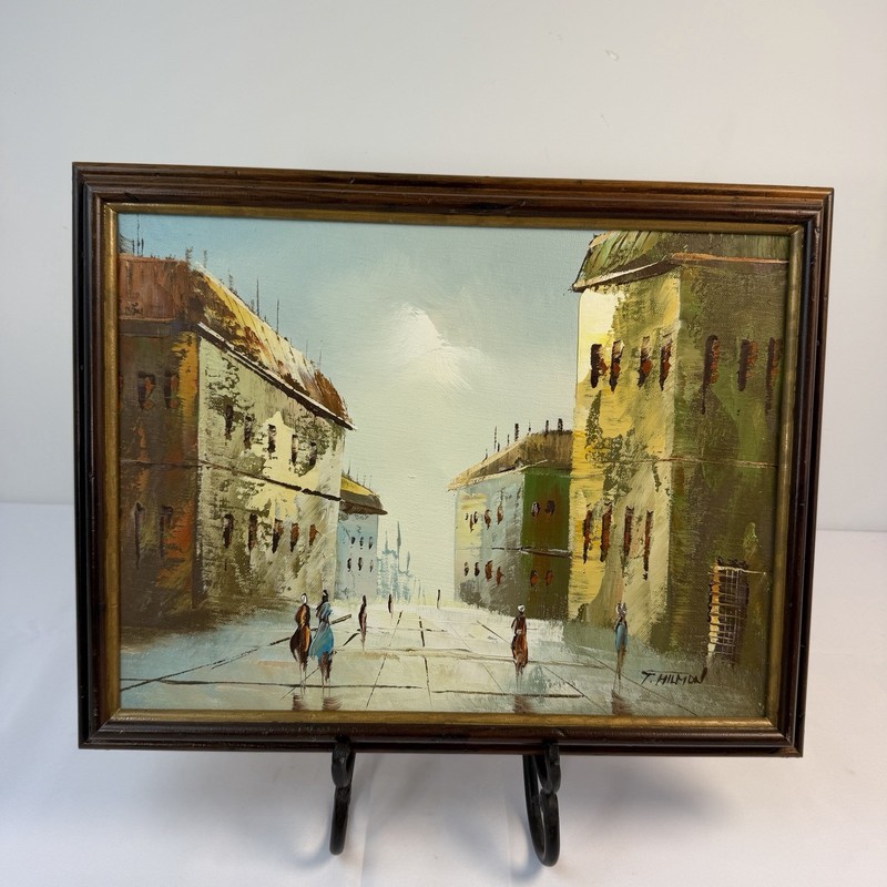 Oil Painting Street Scene Wood Framed Canvas T. Hilmon 14”x18” Vintage European