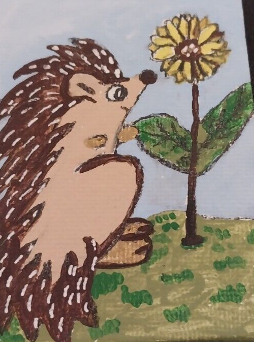 Hedgehog & Flower Original acrylic ACEO Painting 2.5×3.5 ATC Card Art on CANVAS