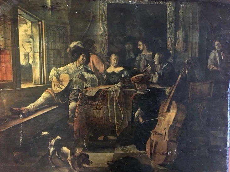 "Family Concert" very old signed oil painting laid on wood Jan Steen circle gallery