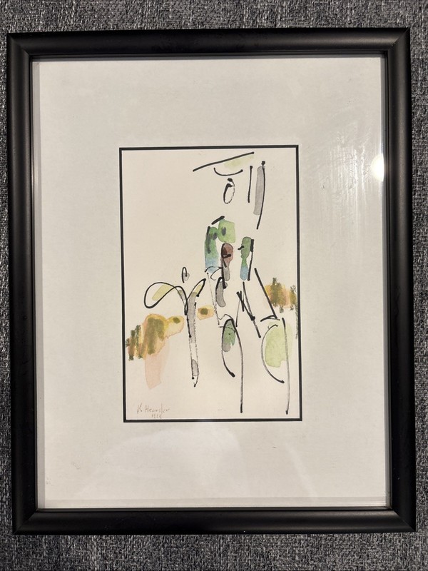 Minimalist Painting Signed By Artist K Heausler 1918? Framed And Matted W/Glass