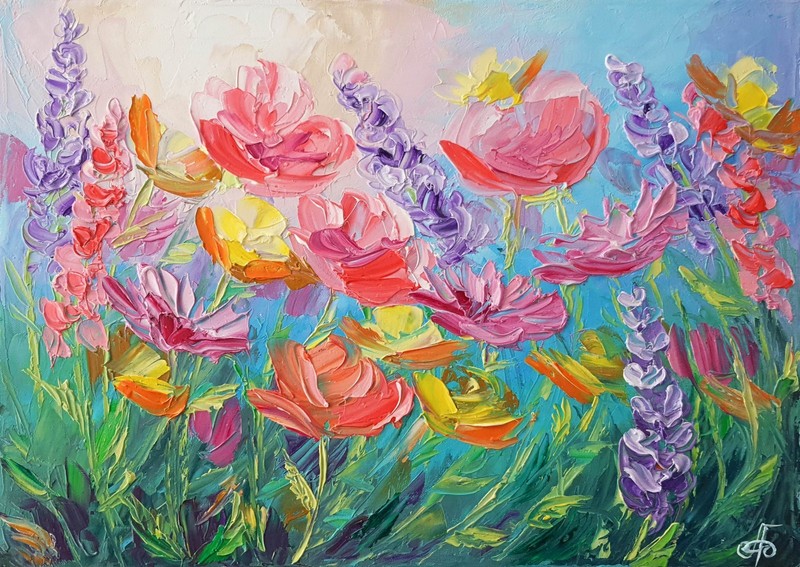 Blooming Wildflowers Meadow Original Flower Painting Floral Canvas Wall Art