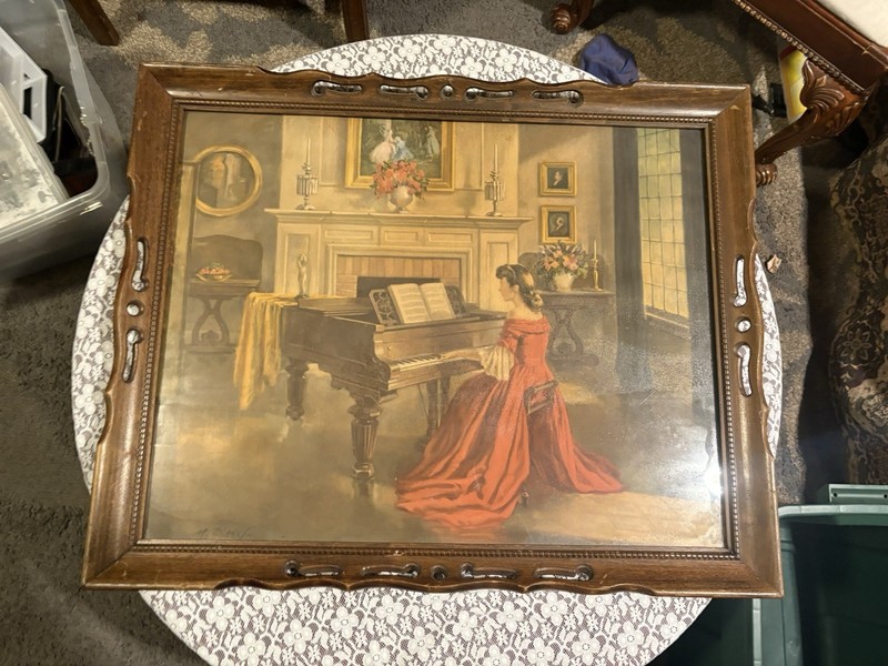 Vintage «Sonata» Lady in Red Dress Playing Piano Painting by M. Ditlef