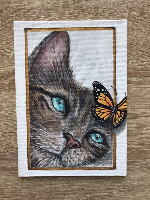 Original Cat Butterfly Acrylic Painting 5” by 7” Canvas Panel