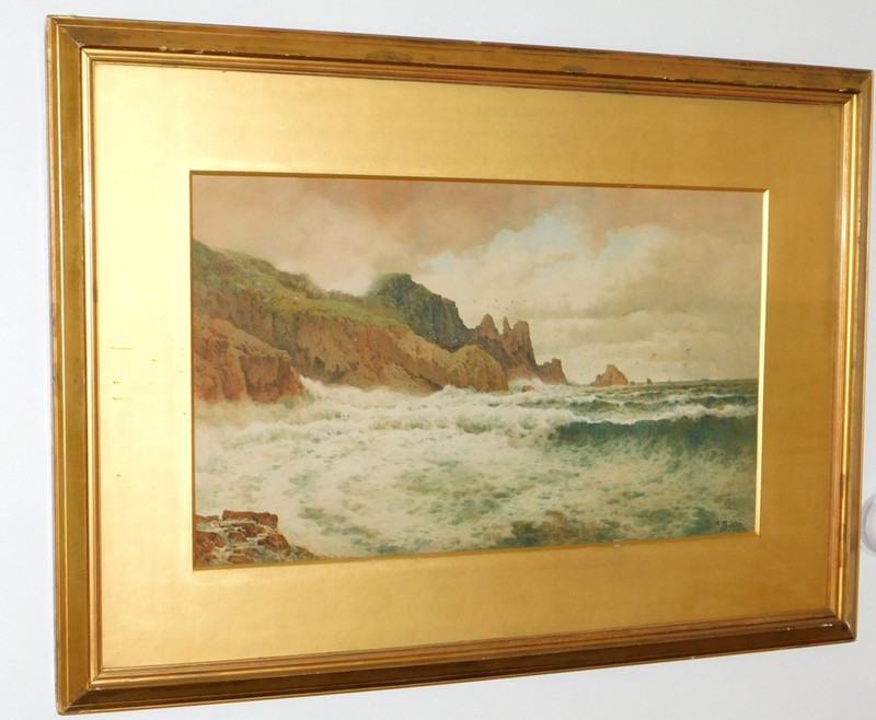 Arthur Suker Signed Antique Watercolor Seascape Storm Surf Cornwall British gallery