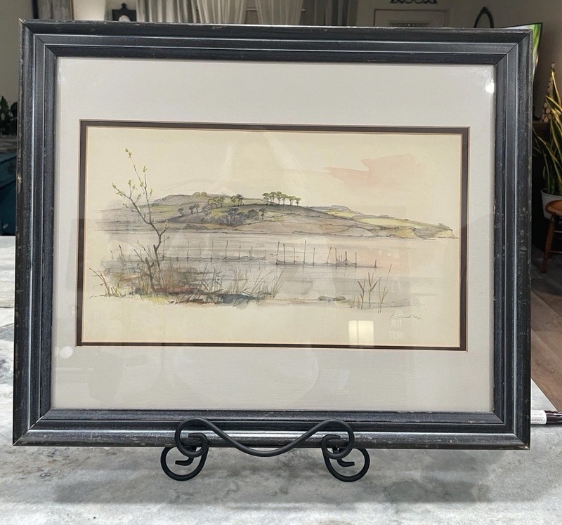 Mads Stage Signed Danish Watercolor Landscape Vintage Framed Coastal Art 18×22