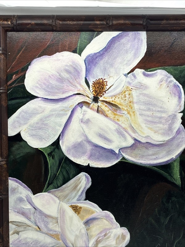 2001 Signed Framed Original Acrylic Faux Bamboo Painting Magnolia Flower Decor gallery