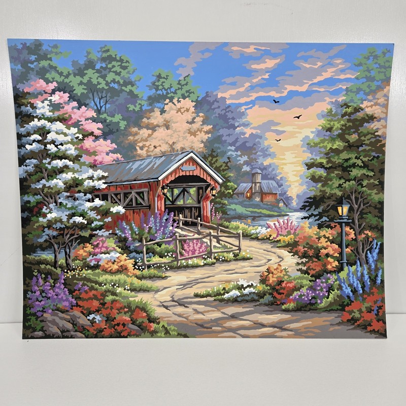 Red Covered Bridge Finished Acrylic Painting Paint By Number Painting 16×20