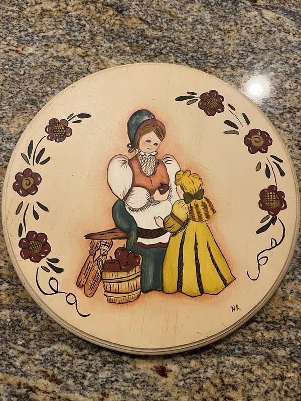 Vintage Folk Art Wood Painting Colonial Woman And Child Handpainted Historical