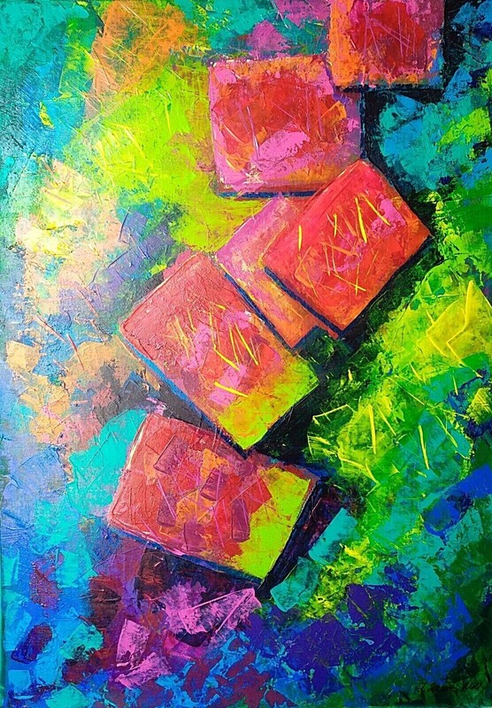 Handmade original bright modern textured abstract acrylic painting on canvas